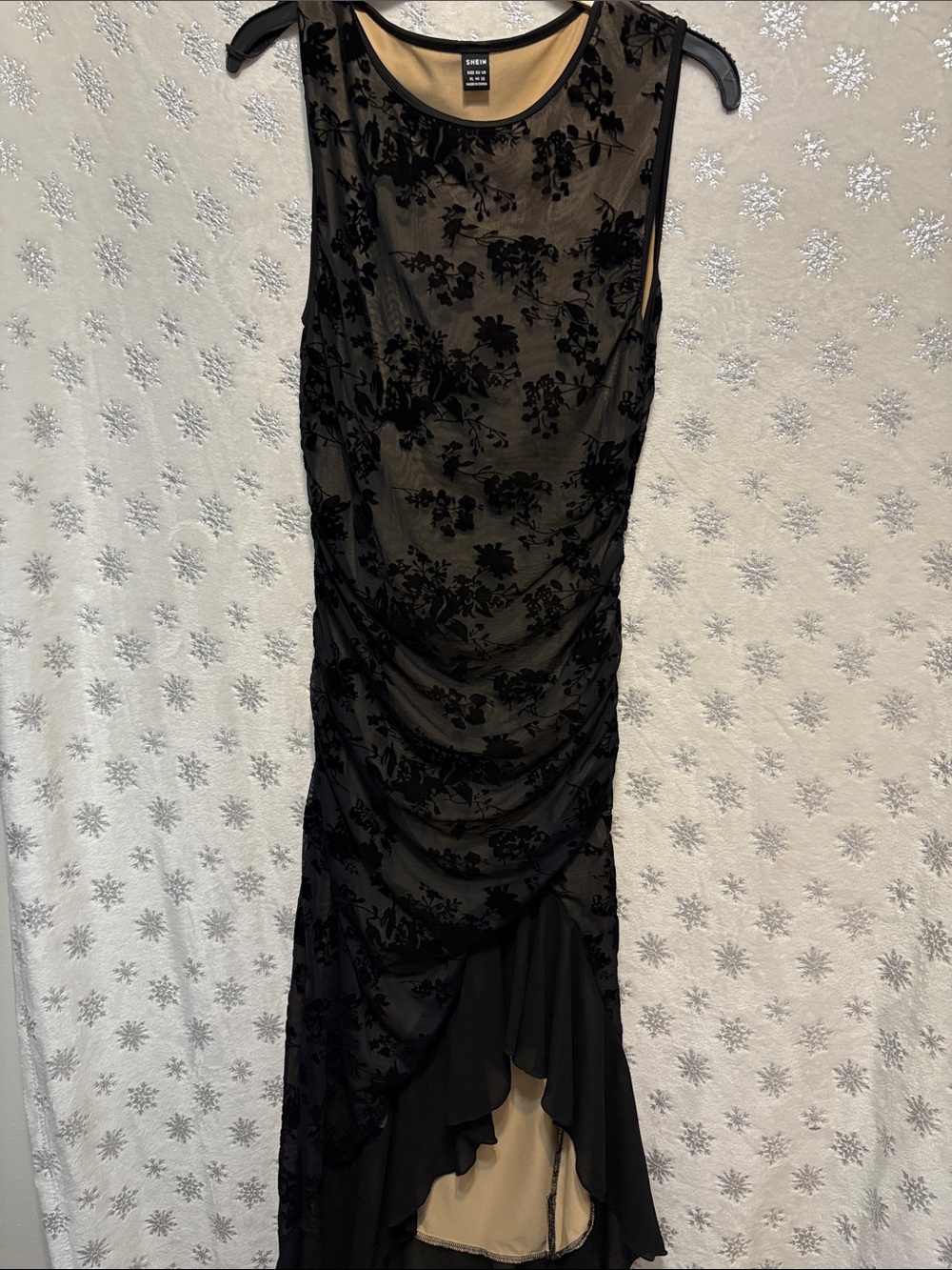 SHEIN Black Floral Flocked Mesh High-Low Dress